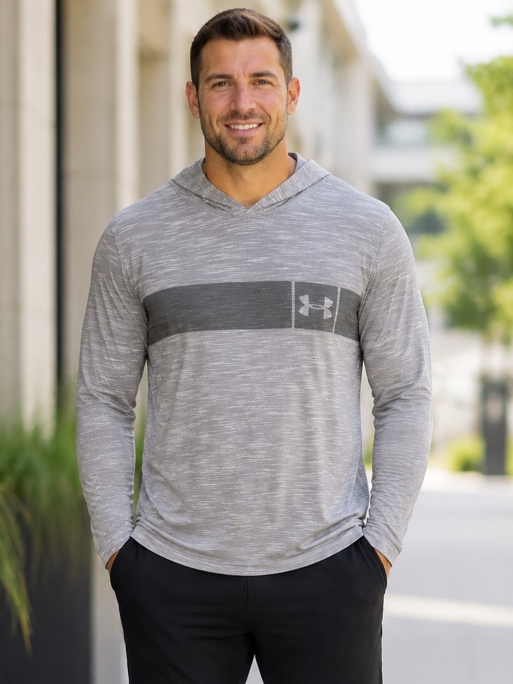 Under Armour Men’s Light Gray Hooded Performance Long Sleeve with Chest Stripe